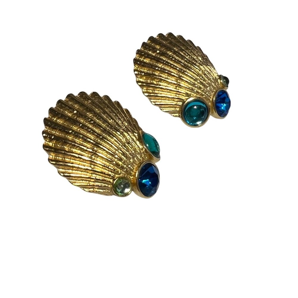 Vintage Crown Trifari Aqua Seashell Gold Tone Earings(E4007)